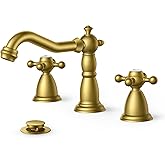 FORIOUS 3 Hole Vintage Bathroom Faucet Brushed Gold, 2 Handles 8 Inch Widespread Antique Brass Bathroom Sink Faucet for Vanity RV Farmhosue, with Metal Pop Up Drain and Supply Lines