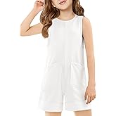 Haloumoning Girls Romper Sleeveless Short Jumpsuits Kids Casual One Piece Summer Outfits with Pockets 5-14 Years