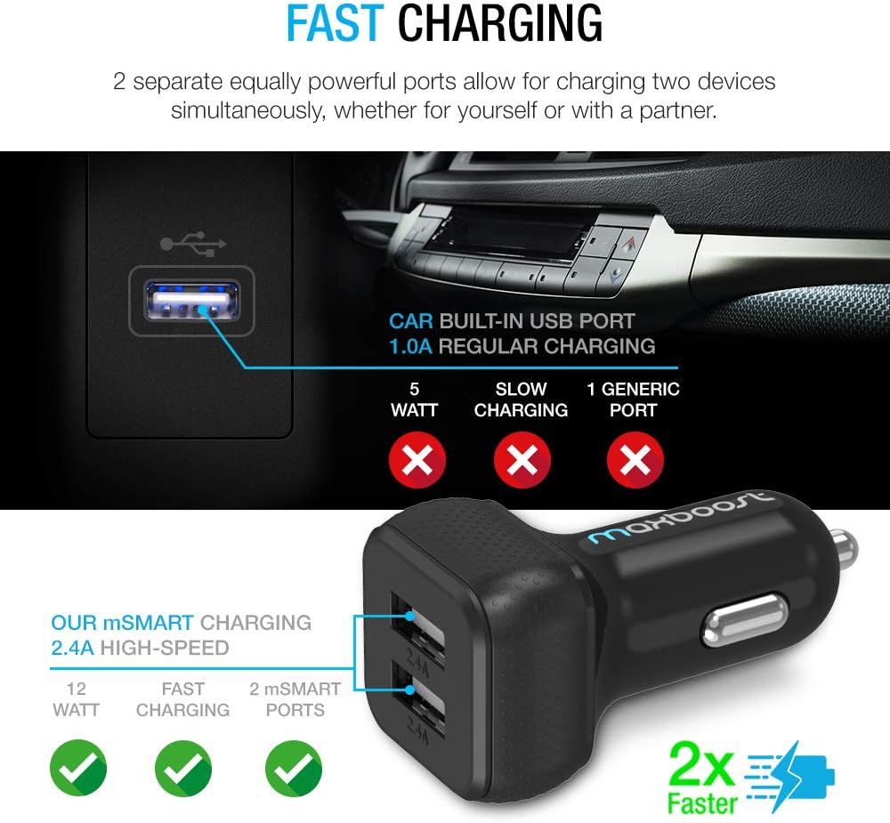 Maxboost Car Charger with SmartUSB Port 4.8A/24W [Black] Charger Adapter for for iPhone 11 Pro Max/XS Max/XR/XS/X/8/7/Plus,Galaxy S20 Ultra/S10/S10+/S10e/Note,LG,iPad Pro/Air 2/Mini,Huawei, Moto,Pixel