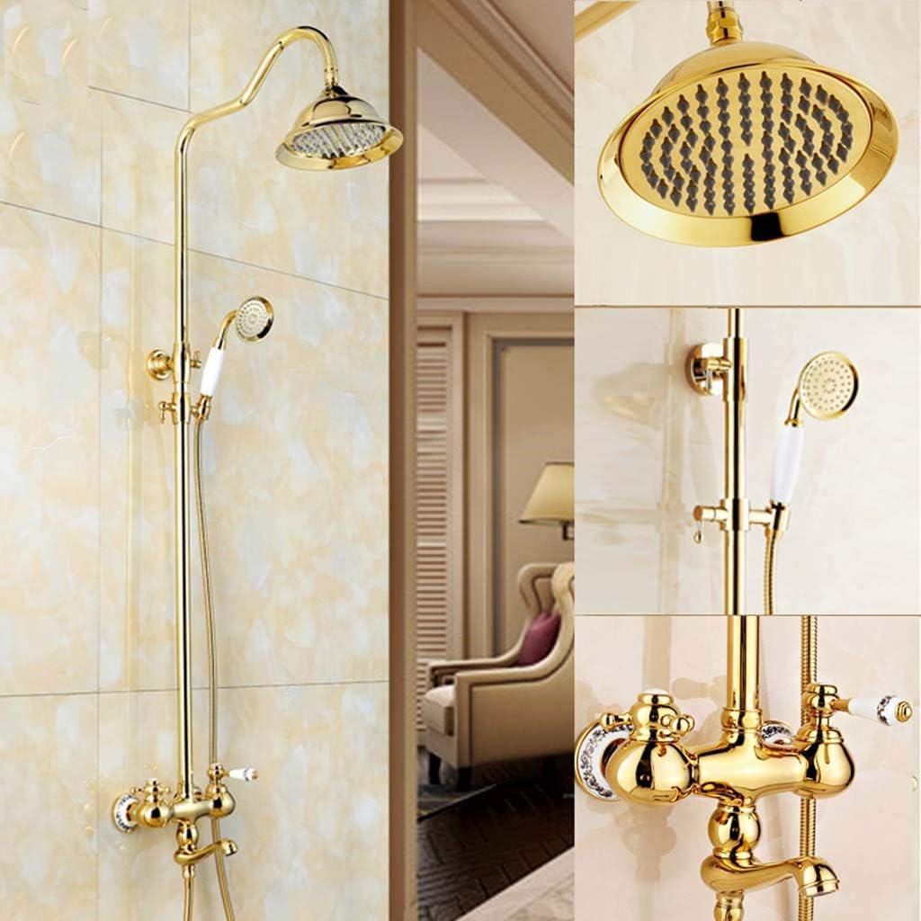 Polished Gold Shower System Set 8-Inch Rainfall Shower Head Brass Shower Faucet Kit with Hand Held Spray High End Luxury Ceramics Double Handle Easy to Assemble