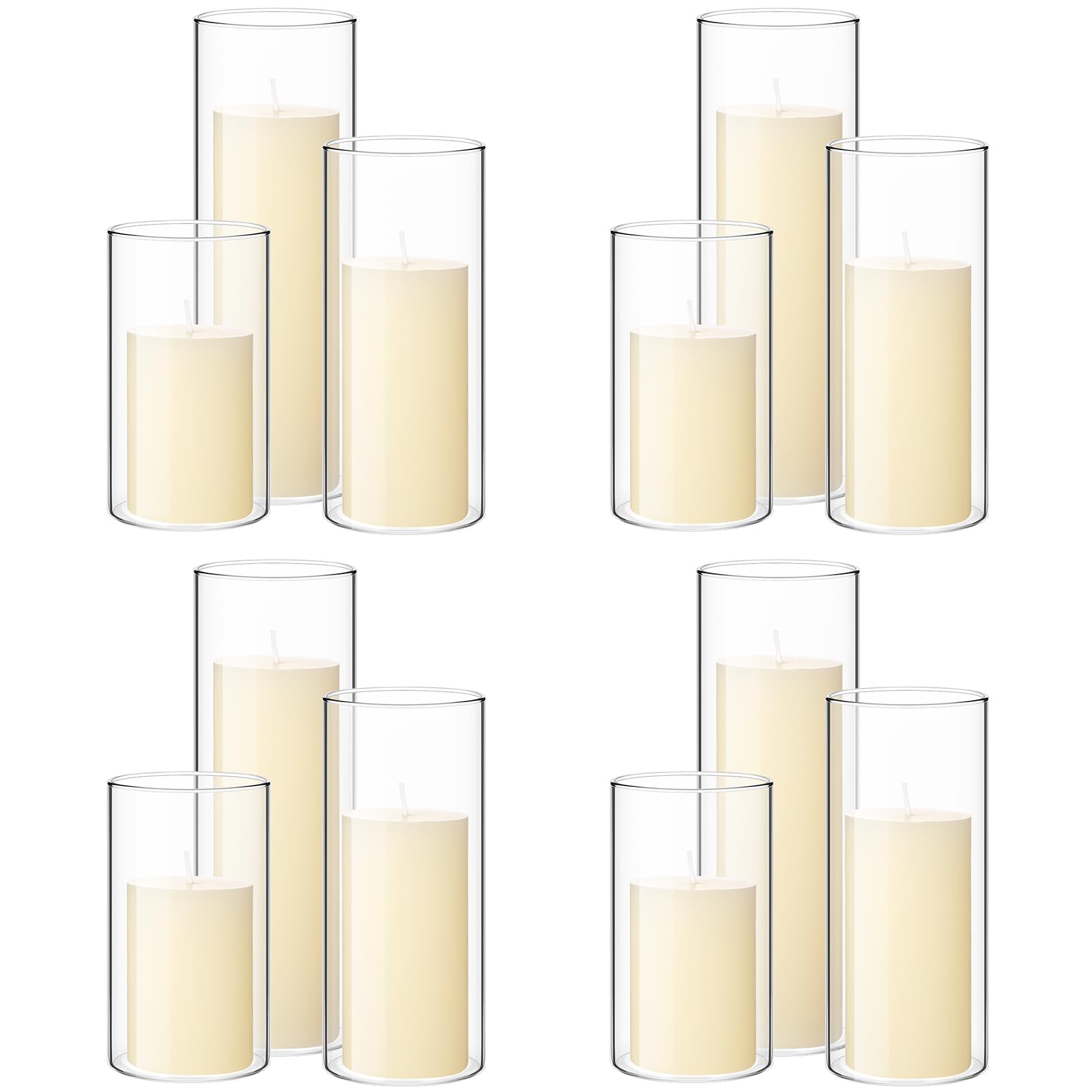 Photo 1 of Shihanee Set of 12 Pillar Candles and Glass Cylinder Vases Clear Cylinder CandleHolders for Slim Pillar Candles Wedding Centerpieces(2.6''x 4.7'', 5.9'', 7.9'',Ivory White)