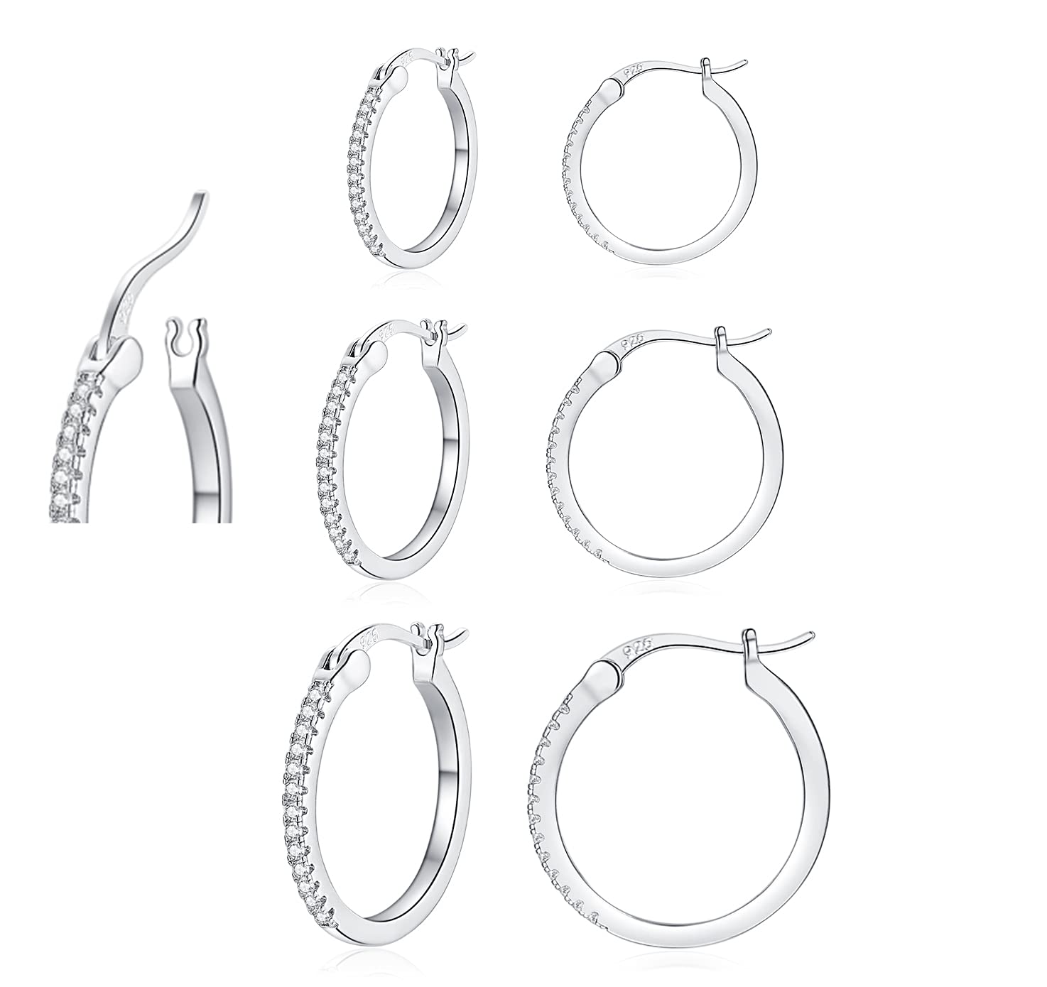 EPVOA Silver Hoop Earrings for Women & Men - Sterling Silver Cubic Zirconia Hoops, Sizes 13/15/20mm