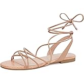 PARTY Women's Strappy Sandals Gladiator Lace Up Flats Summer Wrap Open Toe Tie Up Shoes, Nude, 8B