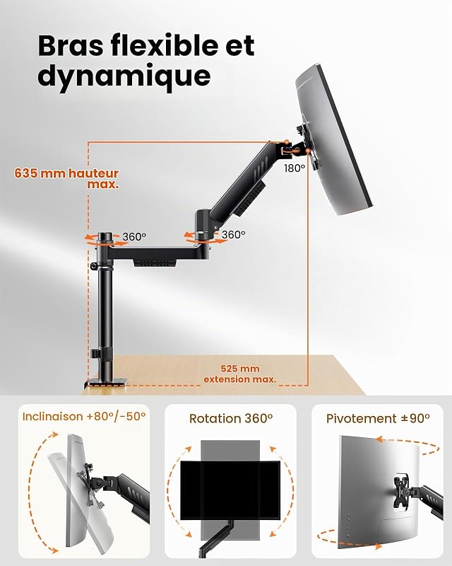 Support Ecran PC, Support Empilé pour Écrans 13 à 32 Pouces, 9 kg par Bras, Stabilité Améliorée avec Pince en C Intégrée, Gestion Câbles Améliorée, VESA 75 x 75/100 x 100 mm, Noir
