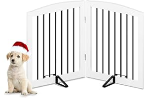 PUPETPO Freestanding Pet Gate for Dogs, Foldable Wooden Dog Gate for House, Indoor Pet Barrier for Stairs, Doorways, Support Feet Included, 24" Height 2 Panels, White