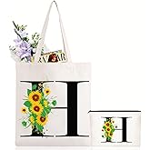 Andeiltech Initial Canvas Tote Bag Sunflower Letter Personalized Makeup Bag Monogrammed Gift for Bridesmaids Birthday Wedding