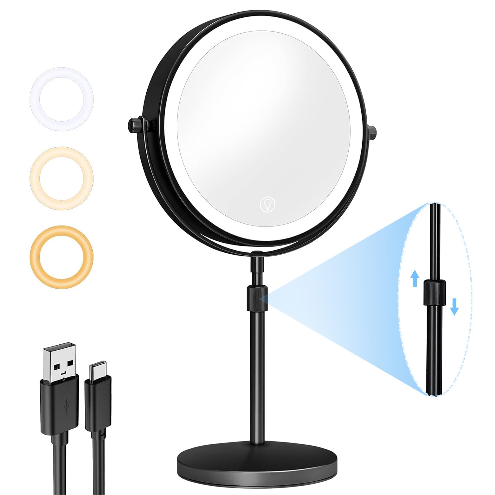 Terawetre 10X Magnifying Makeup Mirror with light, 8’’ Double Sided 3X / 10X Magnifying Tabletop Mirror with High Definition, 360° Rotation Vanity Mirror for Dressing Table, Desk, Bathroom, Bedroom