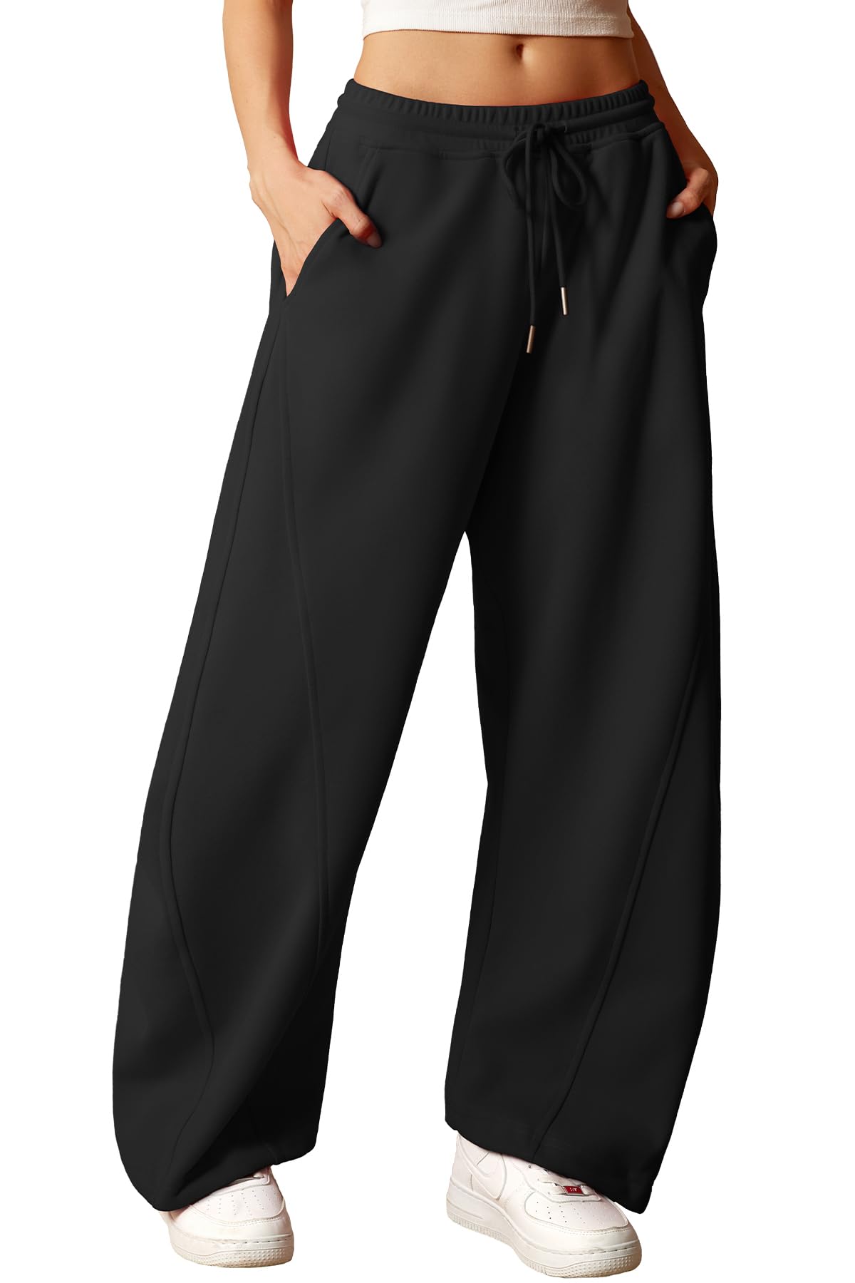 Photo 1 of ELLEVEN Wide Leg Baggy Sweatpants Women Y2K Sweat Track Pants Drawstring High Elastic Waist Pockets Tall Long Oversized Open Cinch Bottom Athletic Joggers Workout Gym Yoga Black Small