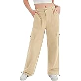 EXARUS Girls Jeans Cargo Wide Leg Baggy Denim Straight Loose Pants Tween Elastic High Waistband Pockets Youth Clothes