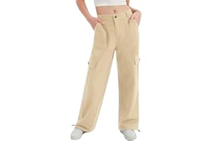 EXARUS Girls Cargo Pants Baggy Wide Leg Straight Loose Pant Tween High Elastic Waistband with Pockets Teen Youth 8-14Y