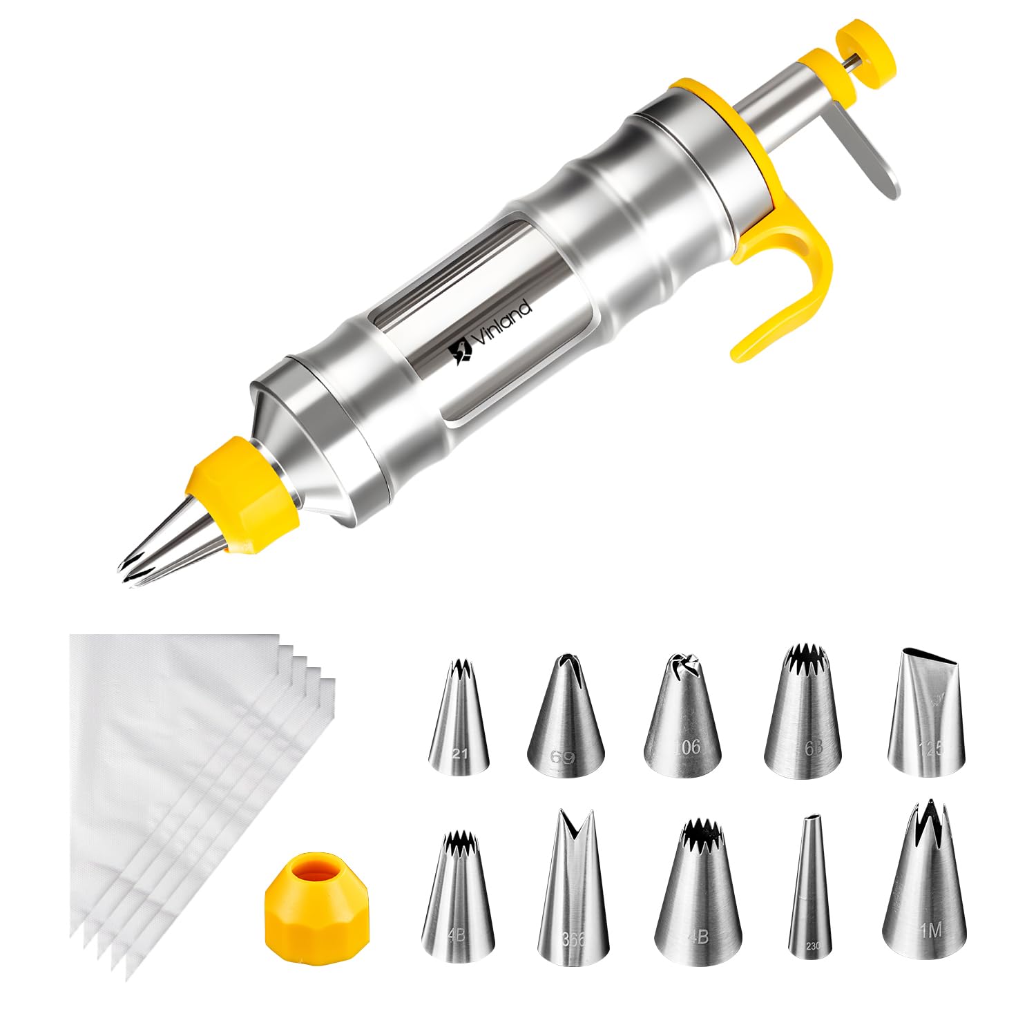 Photo 1 of Dessert Decorating Syringe Set Icing Piping Kit Frosting Piping Kit Stainless Steels Cake Decorating Kit with 10 food grade stainless steel piping tips & 50 Disposable Piping Bags Yellow