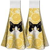 WADORN 2Pcs Yellow Lemon Cat Hand Towels with Hanging Loop, Soft Absorbent Summer Fruit Animals Kitchen Towels Farmhouse Dish Cloths for Home Kitchen Bathroom Decorations, 12.4x17.1 Inches