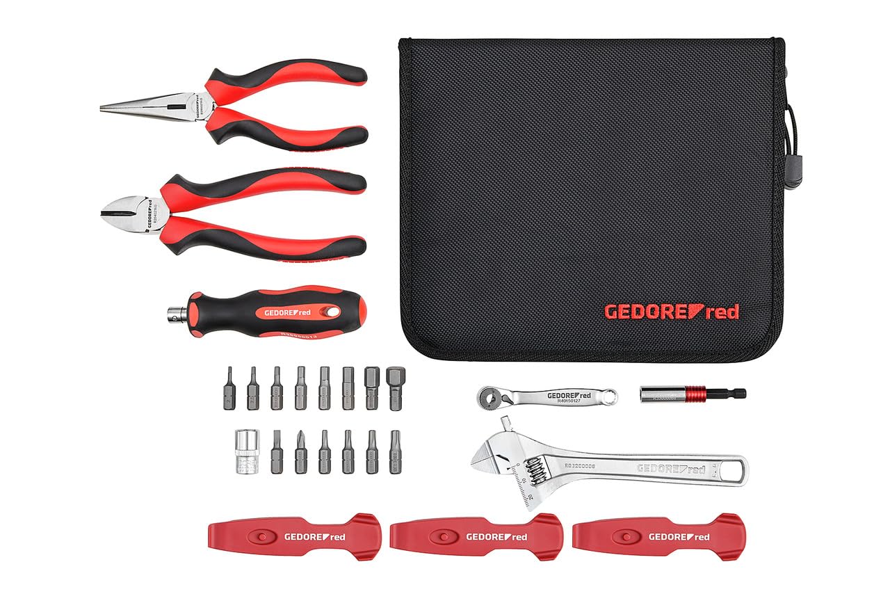 GEDORE red Professional Bicycle Tool kit for Workshop, 25 Pieces, Adjustable Spanner, Bit Screwdriver 1/4″, Universal Repair kit with Bike Tool Bag — image 1