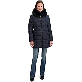 TAHARI Women's Fitted Quilted Puffer Coat With Attached Hood, Faux Fur Trim & Hand Warmer Pockets
