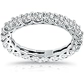 Hoops & Loops 925 Sterling Silver Cubic Zirconia 3mm Round-Cut Eternity Wedding Band Rings, Bridal Stackable Engagement Anniversary Ring for Women