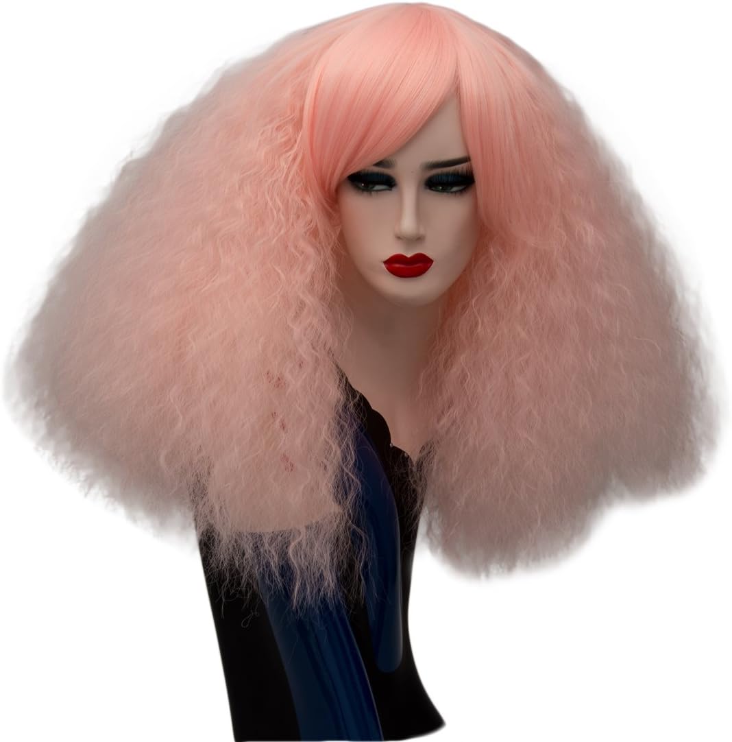 Short Fluffy Curly Wigs Pink Cosplay Wigs Wavy Halloween Costume Wig Synthetic Hair Oblique Bangs for Women with Wig Cap Z079I,Light Pink