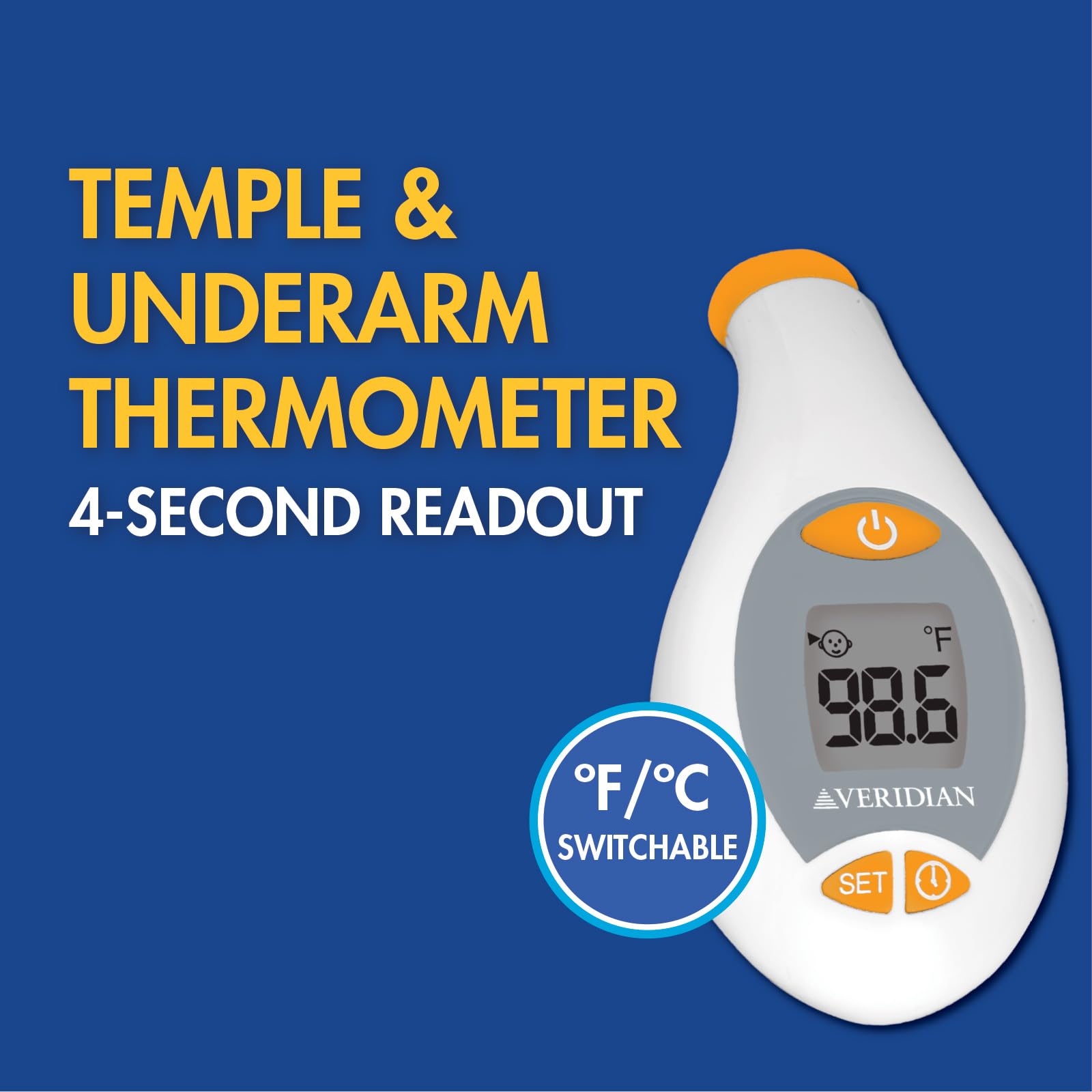 Veridian Healthcare Temple & Underarm Thermometer | Infrared Measurements | Fast 4-Second Readout | Fever Alert | Backlit Display | Programmable Timer | 1-Year Warranty