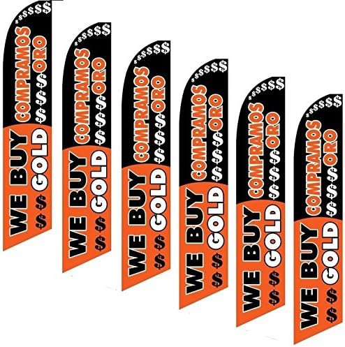 Six (6) Swooper Flags We Buy Gold Compramos Oro Black Orange