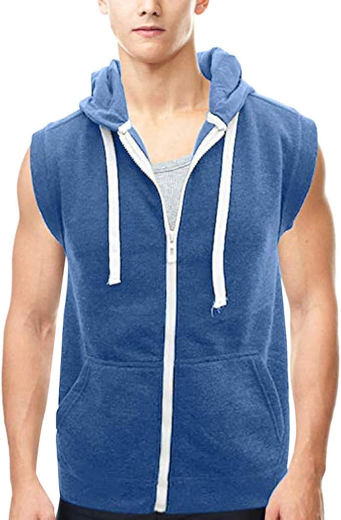 Fabal Men’s Hooded Vest Sleeveless Lightweight Zipup Casual Sport Workout Tank Tops (Blue, M
