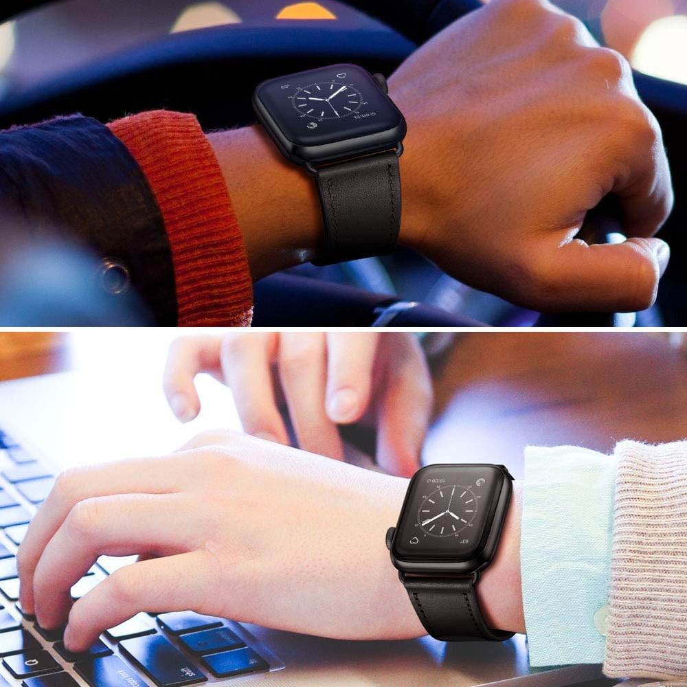 OUHENG Compatible with Apple Watch Band 44mm 42mm, Genuine Leather Band Replacement Strap Compatible with Apple Watch Series 6/5/4/3/2/1/SE, Black Band with Black Adapter