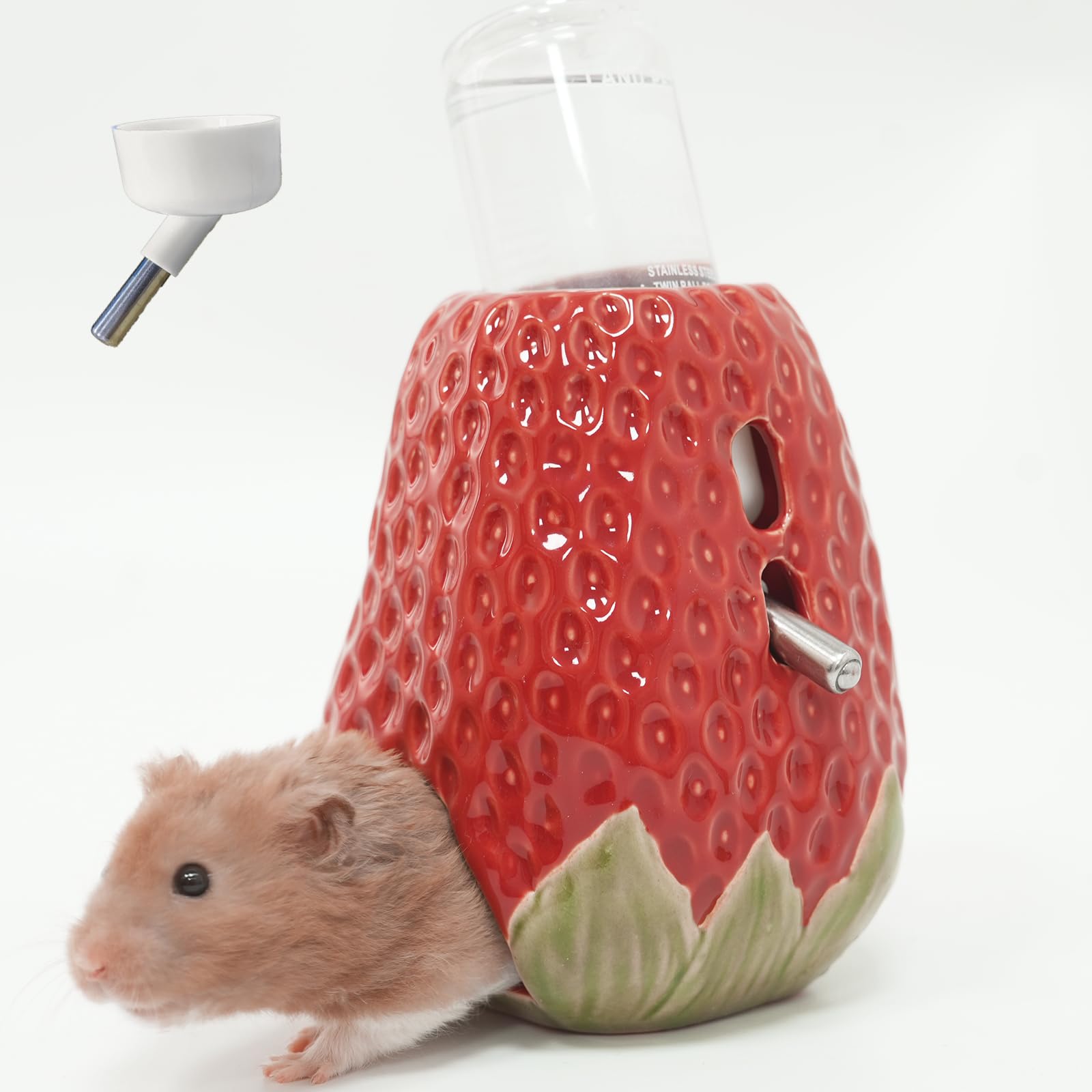 Photo 1 of Hamster Water Bottle, Strawberry Ceramic Hamster Gerbil Water Bottle for Glass Tank, Dispenser, 80ML Bottle for Water Holder Stand with 2 No Drip Caps for Syrian Mice, Gerbil