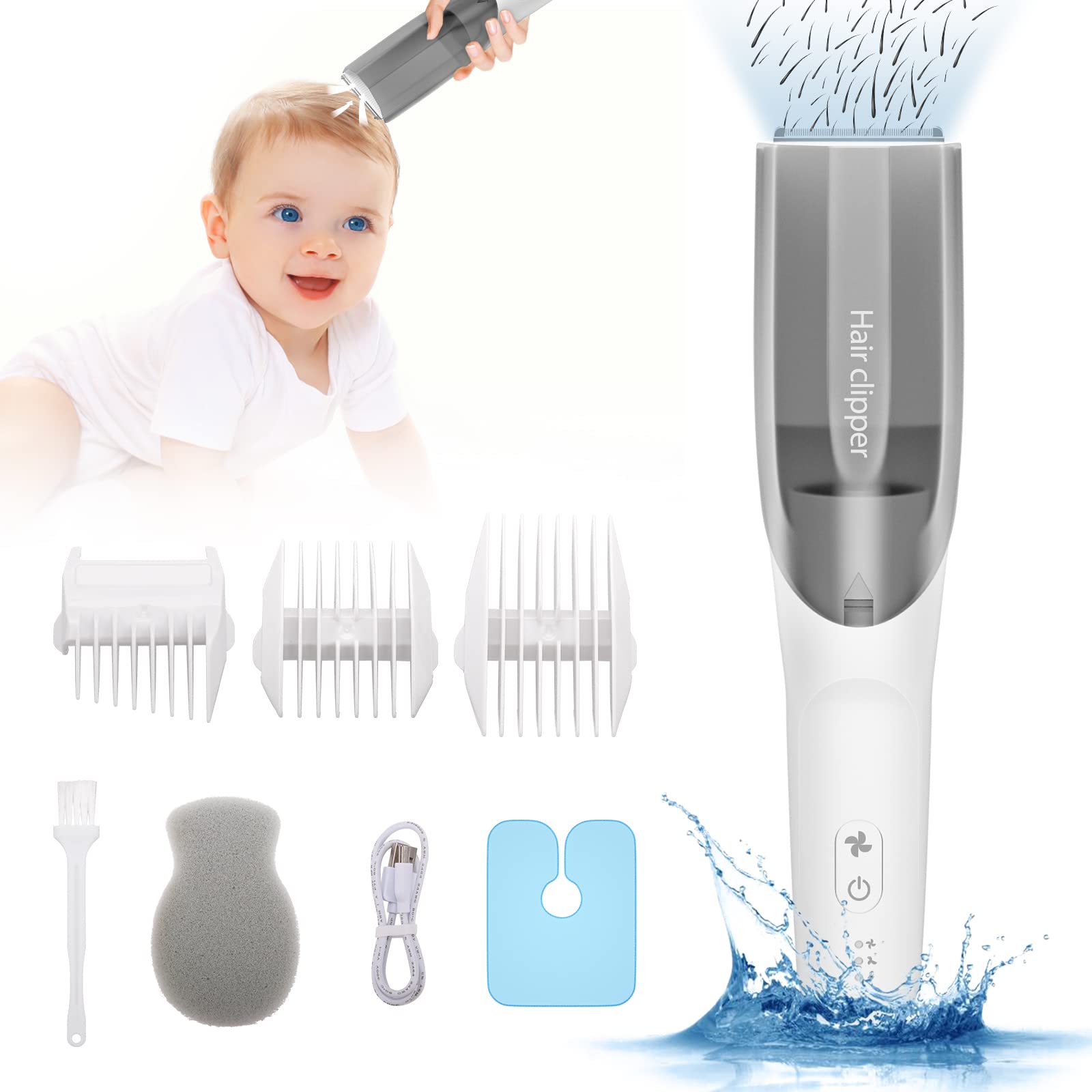 Carer Spark Baby Hair Clippers, Quiet Vacuum Trimmer for Toddlers Waterproof USB Rechargeable Kids Hair Trimmer with 3 Guide Combs Ideal for Infant Haircuts