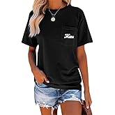 NIUBIA Women's Letter Print Basic Crew Neck Tee Summer Short Sleeve T-Shirt with Pockets Loose Fitting Tops