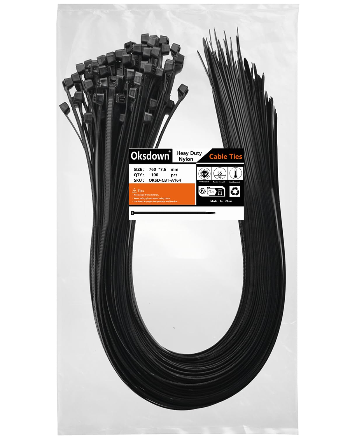Oksdown 100 Pack Black Thick Cable Ties Heavy Duty Large 760mm×7.6mm Strong Nylon Plastic Self Locking 30 inch/76 cm Extra Long Zip Tie Wraps