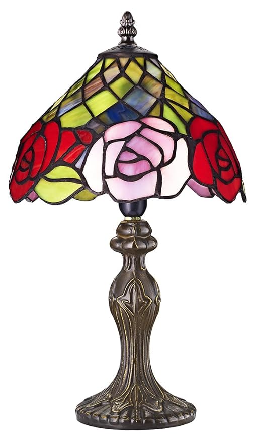 Red and Pink Rose Decorated Stained Glass Tiffany Lamp by Haysoms