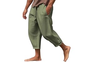 Wankang Men's Casual Linen Cotton Harem Pants Loose Lightweight Capri Slacks Elastic Waist Hippie Beach Yoga Pants for Men