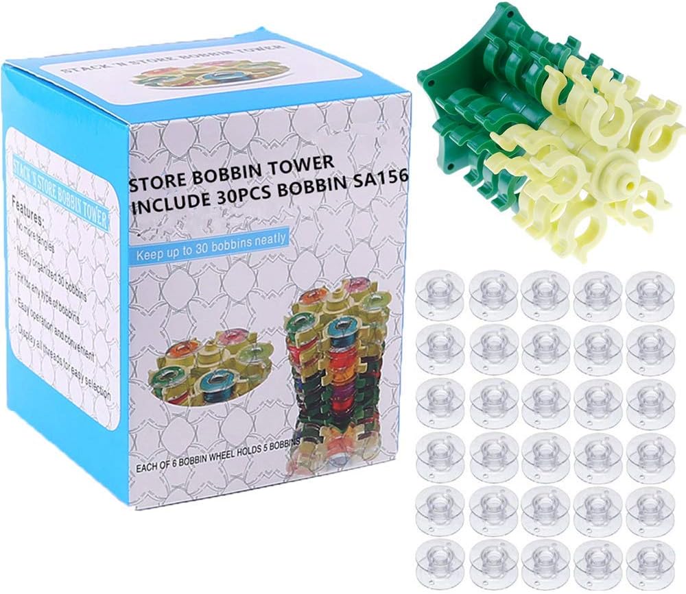 30pcs Sewing Machine Bobbins SA156 for Brother, Singer with Store Bobbin Tower Bobbins Holder