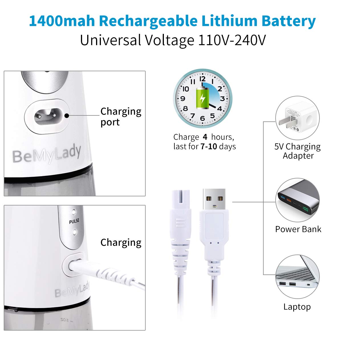 Cordless Water Flosser Oral Irrigator Portable- BeMyLady Electric Water Flosser Travel Rechargeable for Teeth Waterproof with Leak-proof Cleanable Water Tank