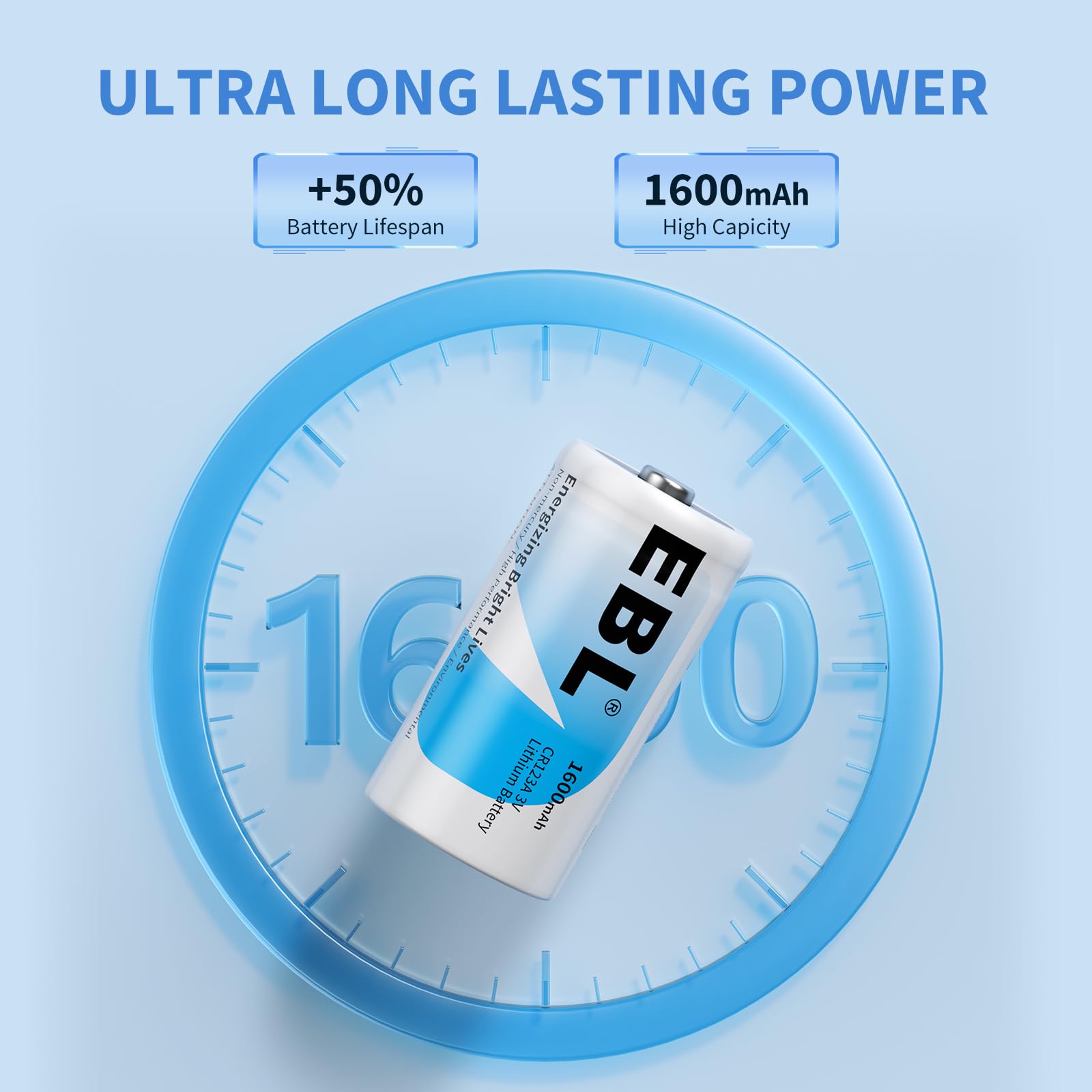 EBL CR123A Battery 6 Count, 123A 123 3V Lithium Batteries 1600mAh High Power, 10 Years Shelf Life