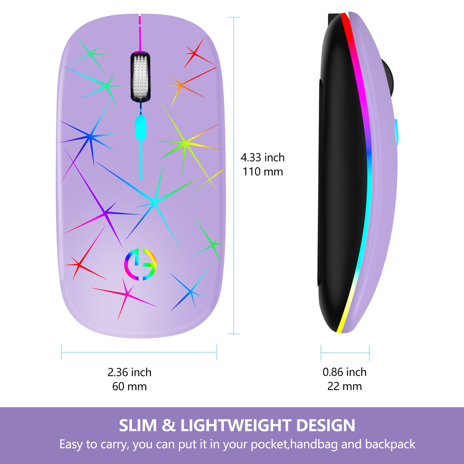 TaIYanG Wireless Mouse, 2.4G Portable Optical Quiet RGB Mouse with USB Receiver and Type C Adapter, 3 Adjustable DPI Levels, Wireless Computer Mouse for Laptop, Computer, PC, MacBook, Desktop