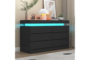 Gyfimoie 6 Drawer Dresser with Power Outlet, Dresser with LED Light, Modern Chest of Drawers for Closet, Double Wide Drawer Organizer Cabinet for Bedroom, Living Room (Black, 6 Drawers)
