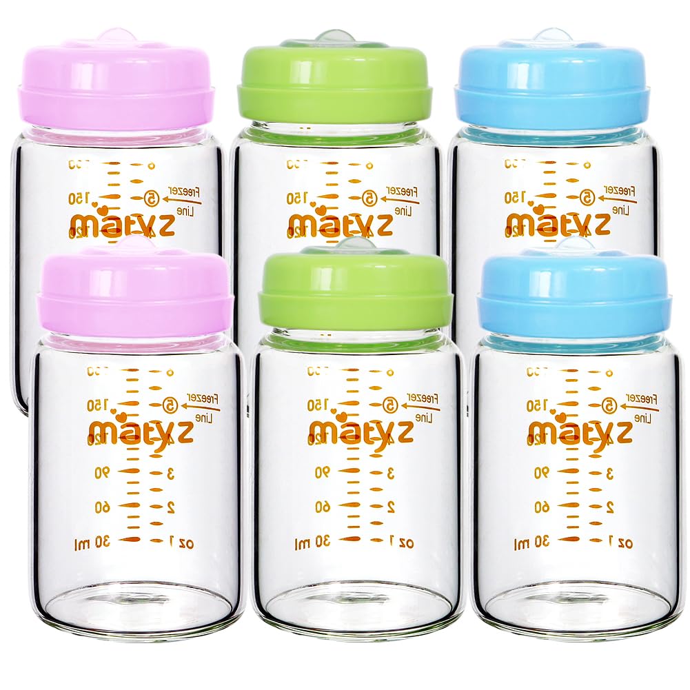 Photo 1 of Matyz 6-Pack Borosilicate Glass Breast Milk Bottles (6 oz, 3 Colors) - Wide Neck Breastmilk Collection and Storage Bottle - Formula Storage Bottles Compatible with Medela Avent Spectra Pumps