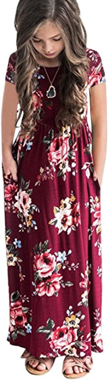 JYH Girls Maxi Dress, Floral Flared Sewing Pocket Three-Quarter Sleeves Long Dress Size 5-12