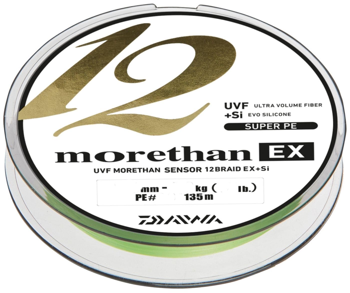 Daiwa Morethan 12 Braid EX+SI, 135 metres, 0.16mm, 14/30.86lbs, Lime Green, Round Braided Line, 12695-016