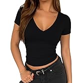 ForeFair Womens Casual V Neck Short Sleeve T Shirts Going Out Tops Double Lined Slim Fitted Summer Basic Tee