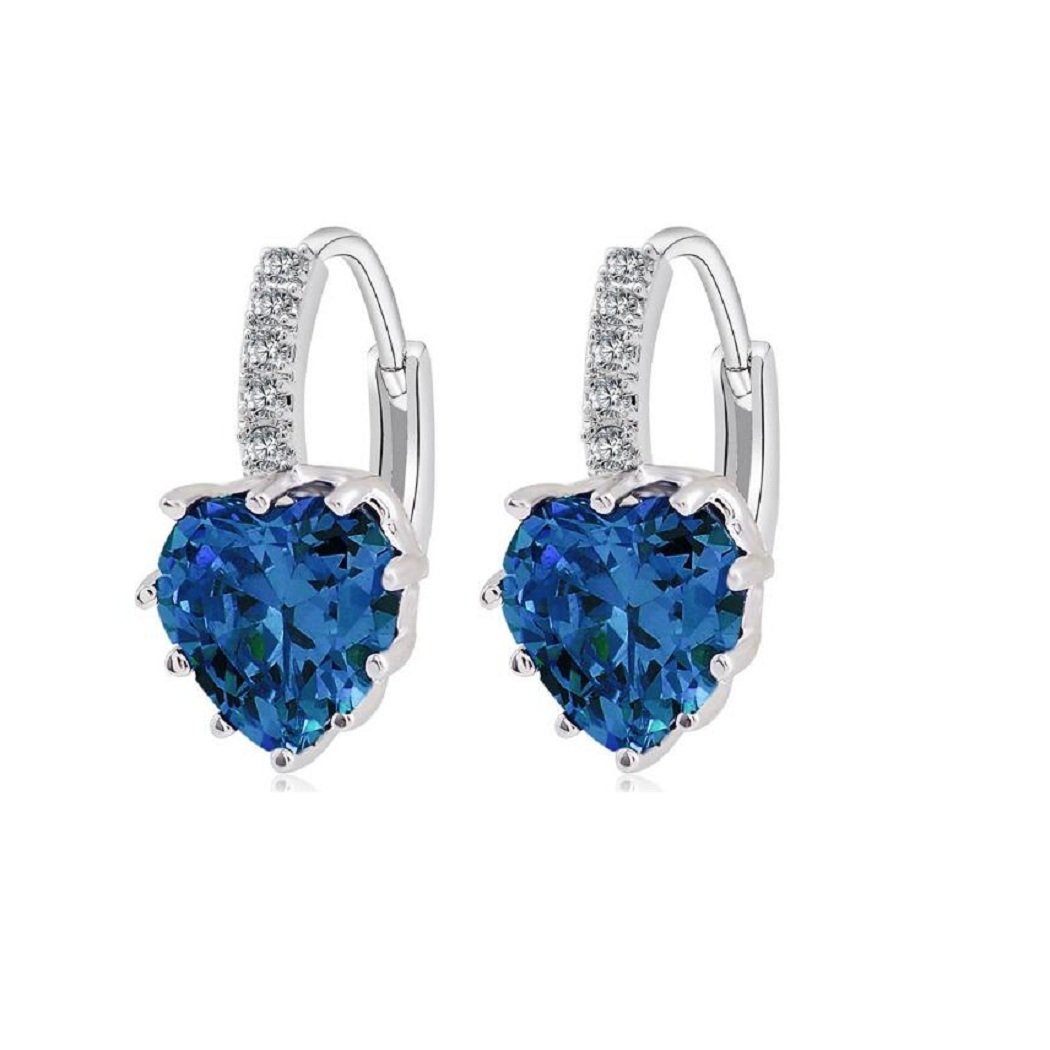 Uloveido White Gold Plated Blue Crystal Heart Hoop Earrings for Women, Wedding Women Earrings with Blue Stone for Girls Jewellery Gift BME131 — image 1