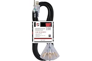 EP 10 Ft Lighted Outdoor Extension Cord with 3 Electrical Power Outlets - 12/3 SJTW Heavy Duty Black Extension Cable with 3 P