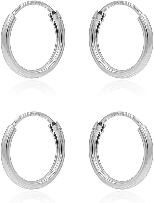 925 Sterling Silver 10mm Small Round Endless Hoop Earrings for Women, Set of 2 Pairs