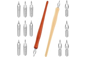 Larrel 14 PCS Dip Pen Set, Wooden Calligraphy Drawing Set with 12 Replacement Flex Fountain Pen Nib for Beginners Professors Writing Painting Signing Sketch