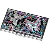 Antique Alive Mother of Pearl Design RFID Blocking Protection Business Card Case, Credit Card Holder, Metal Name Card Case, Engraved Slim Purse Pocket Cash Money Wallet (Flower Butterfly)