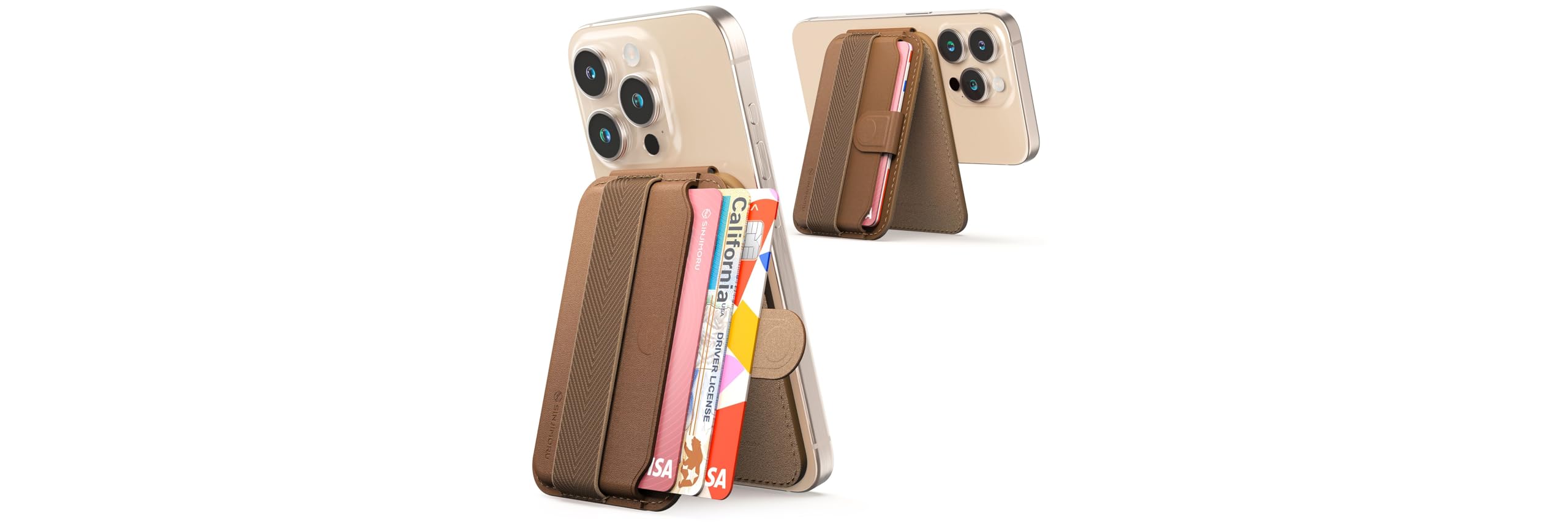 Sinjimoru Pull & Eject Magnetic Wallet for iPhone, Phone Wallet with Adjustable Stand, Compatible with MagSafe Wallet, M-Pull Tab Stand Brown