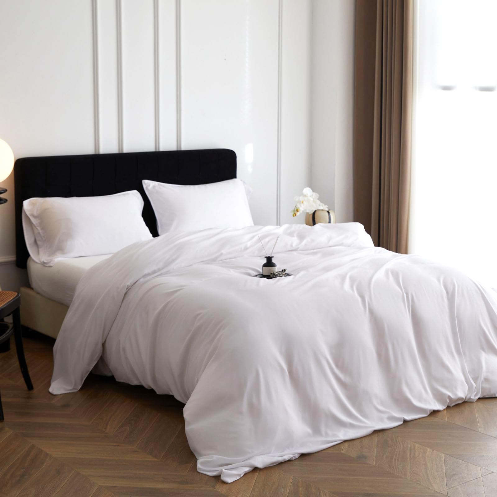 Simple&Opulence Double Bamboo Viscose Duvet Cover Set, Silky and Soft Bedding Luxurious Cooling Bed Sheet Perfect for Skin and Hair with Pillowcases (200×200cm, Pure White)