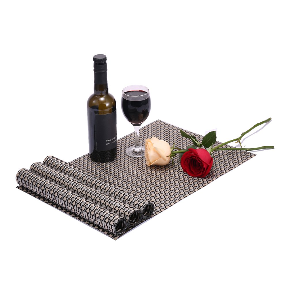 Set of 4 Placemats, Fashion European Style PVC Woven Vinyl Placemat Non-slip Insulation Placemat Washable Table Mats (Gold + Black white)