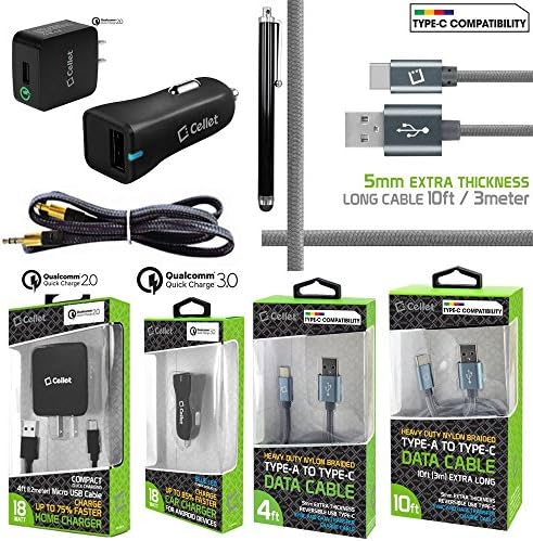 PageComm 6 Piece Quick Charge USB Type C Kit for BlackBerry KeyOne. Qualcomm USB Quick Car Charger, Qualcomm Quick House Charger, 4ft cable,10ft Cable, Aux cable, Stylus pen.