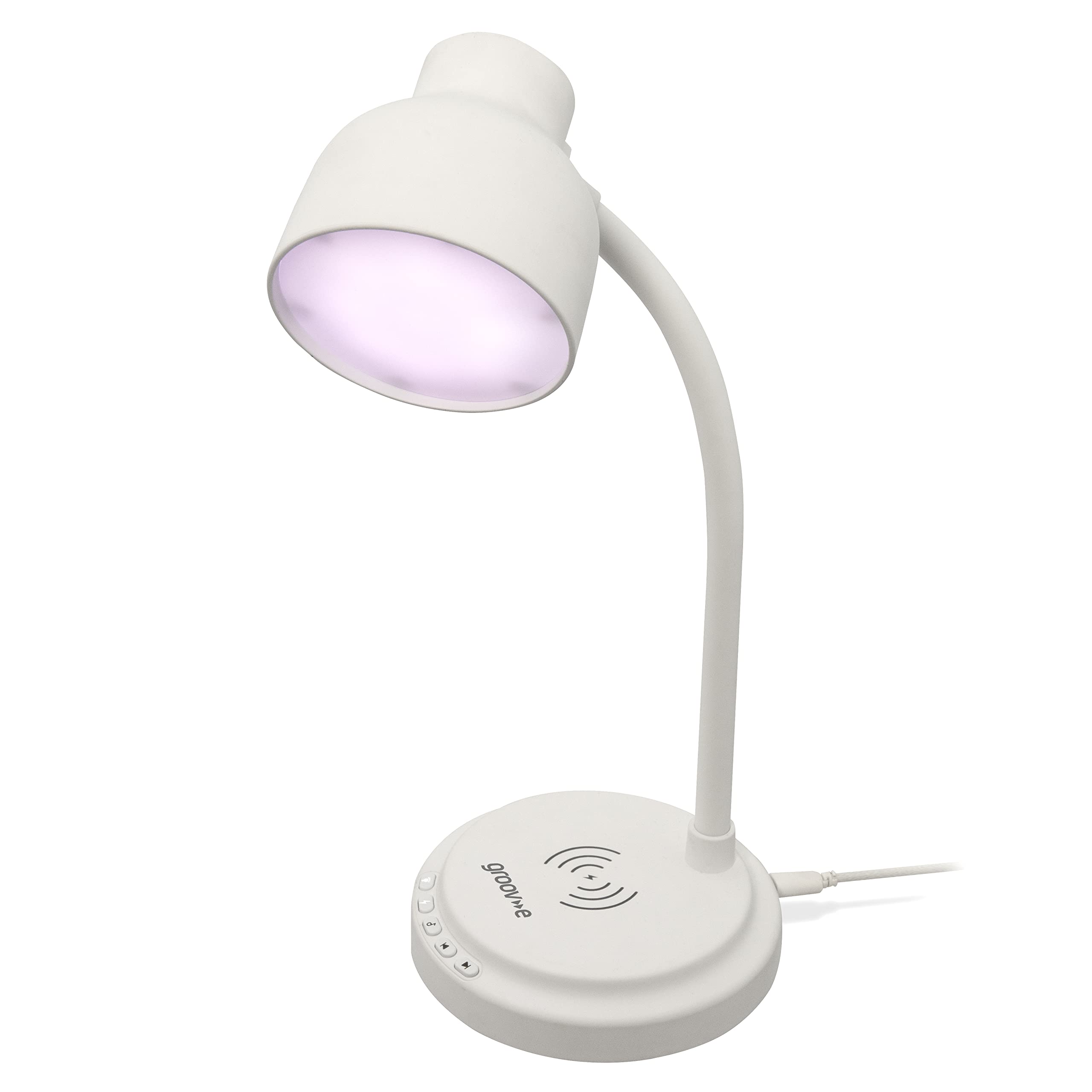 groov e Astra LED Lamp - Touch Control Desk Light with Built-in Wireless Charger, & Bluetooth Speaker - 9 LED Colour Modes for Mood Lighting - Type-C USB Powered - White
