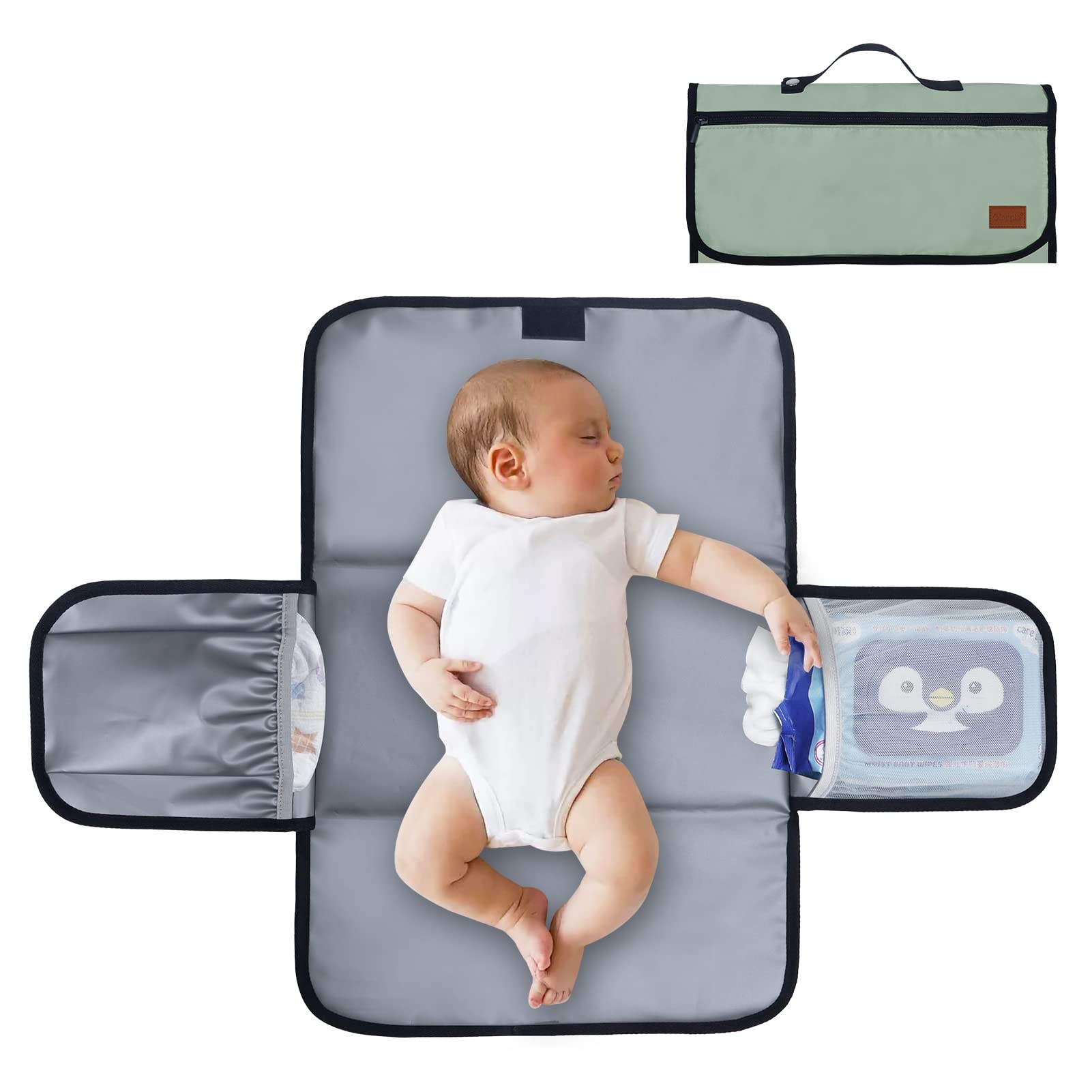 Gloppie Baby Changing Mat Portable Diaper Travel Changing Mats Nappy Bags Soft Padded Waterproof Storage Pockets for Toddlers Infants & Newborns, Green